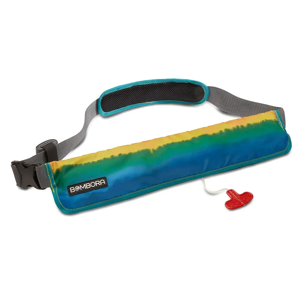 A blue and yellow life preserver with a red heart on it.