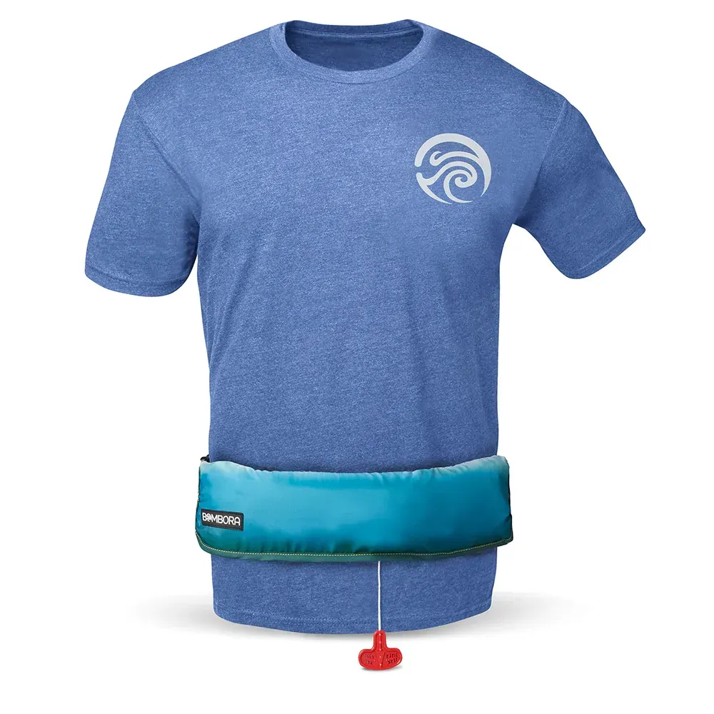 A blue t-shirt with a life preserver attached to it
