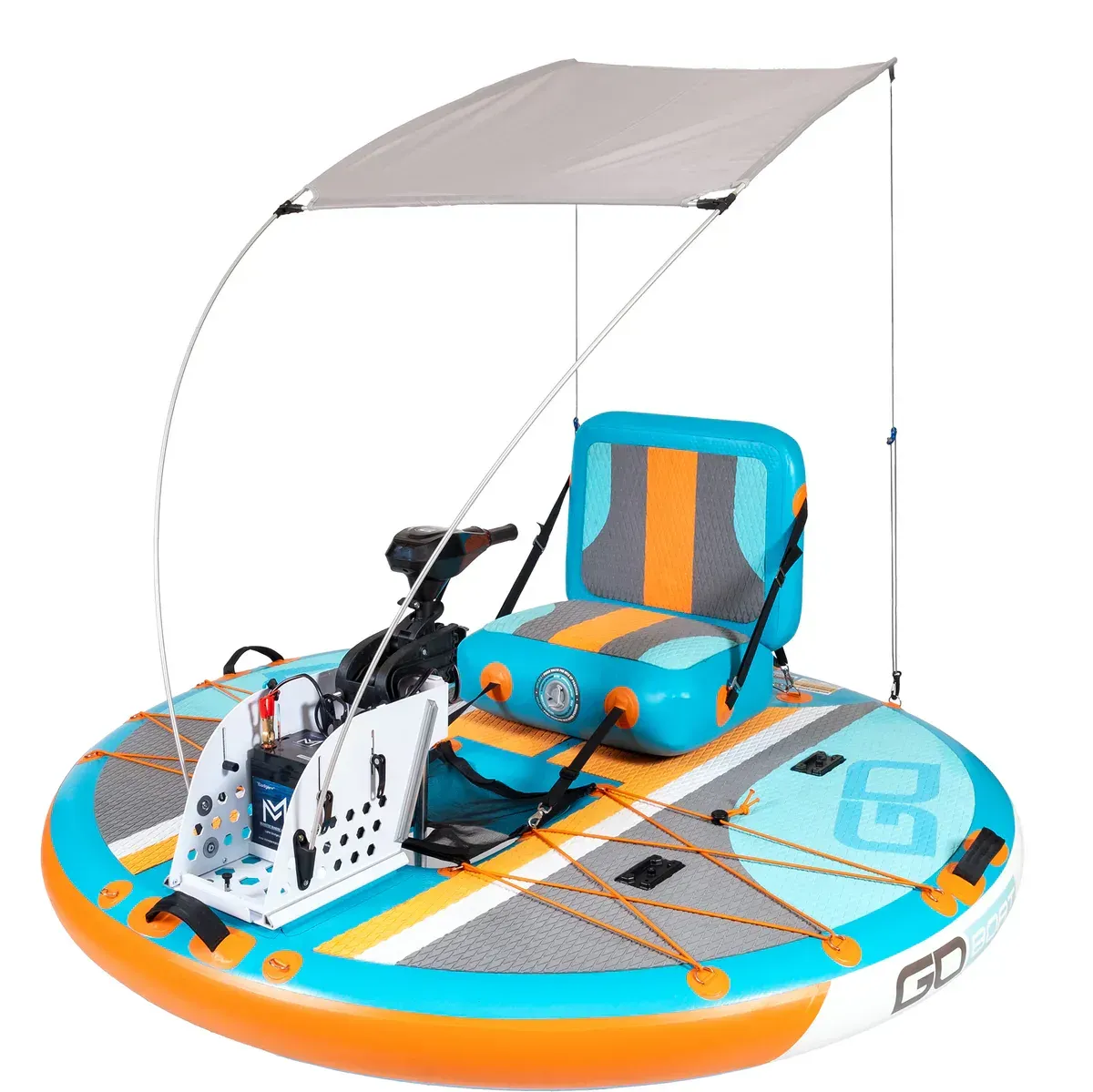 A blue and orange raft with a canopy on top of it.