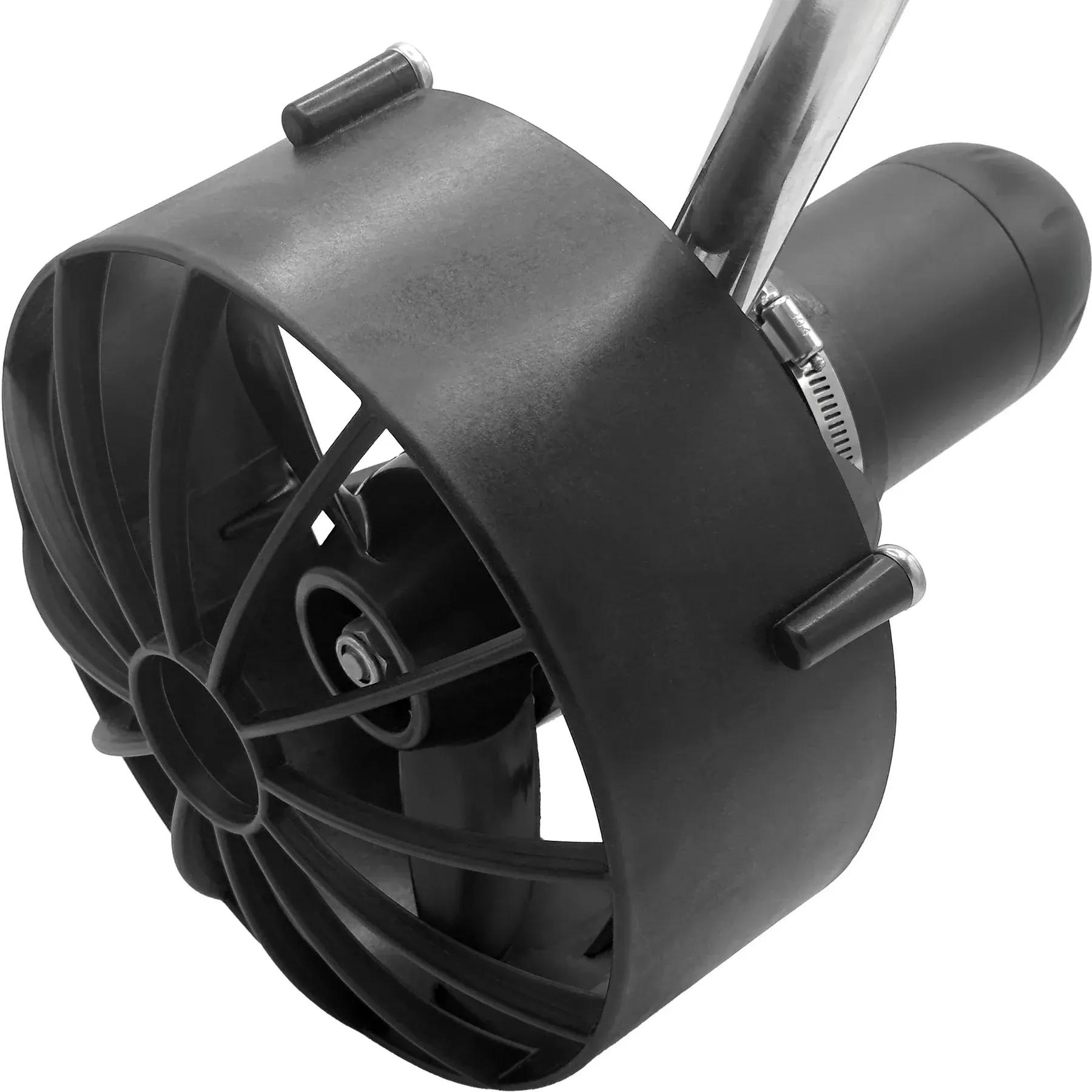 A close up of a black fan with a metal clamp attached to it
