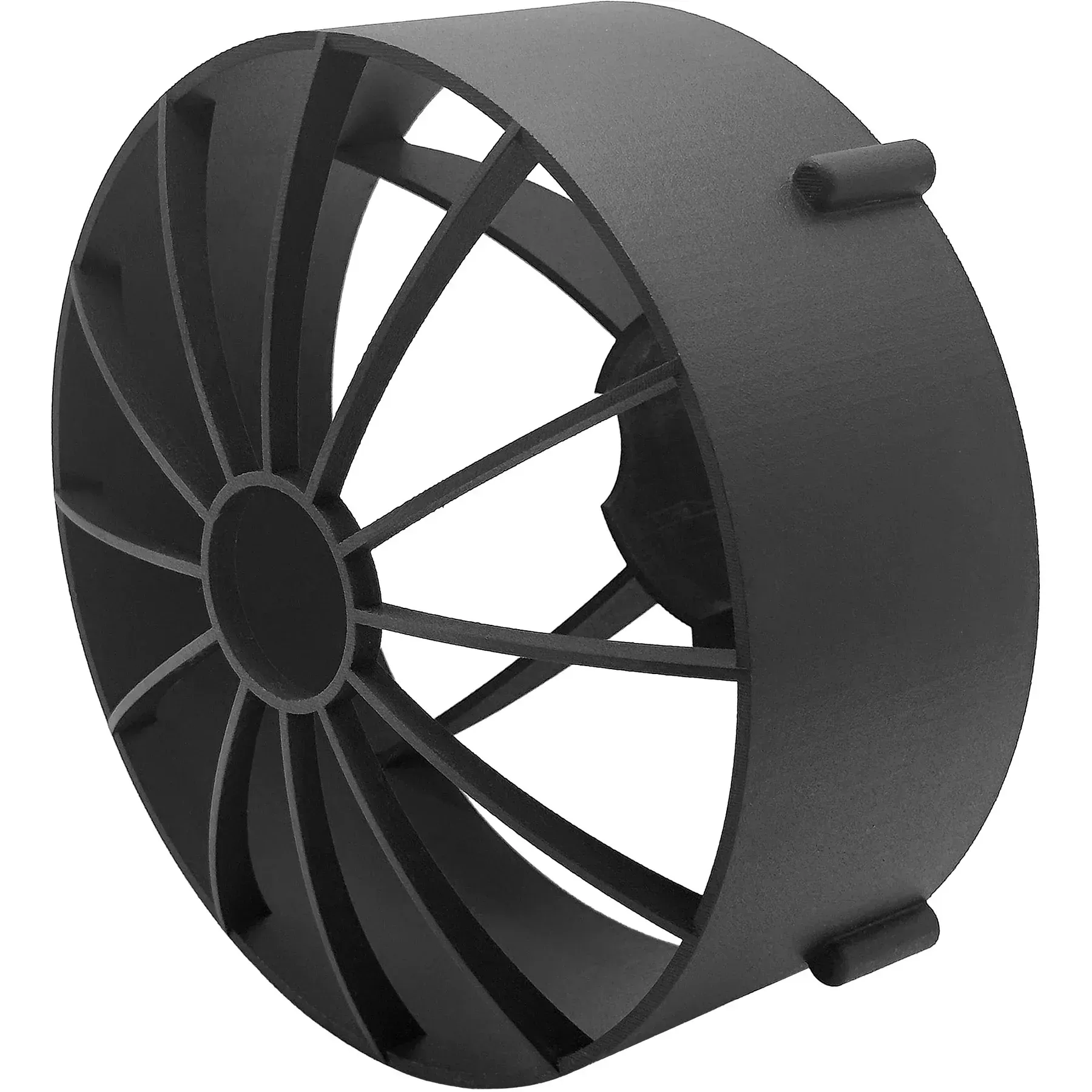 A close up of a black wheel on a white background