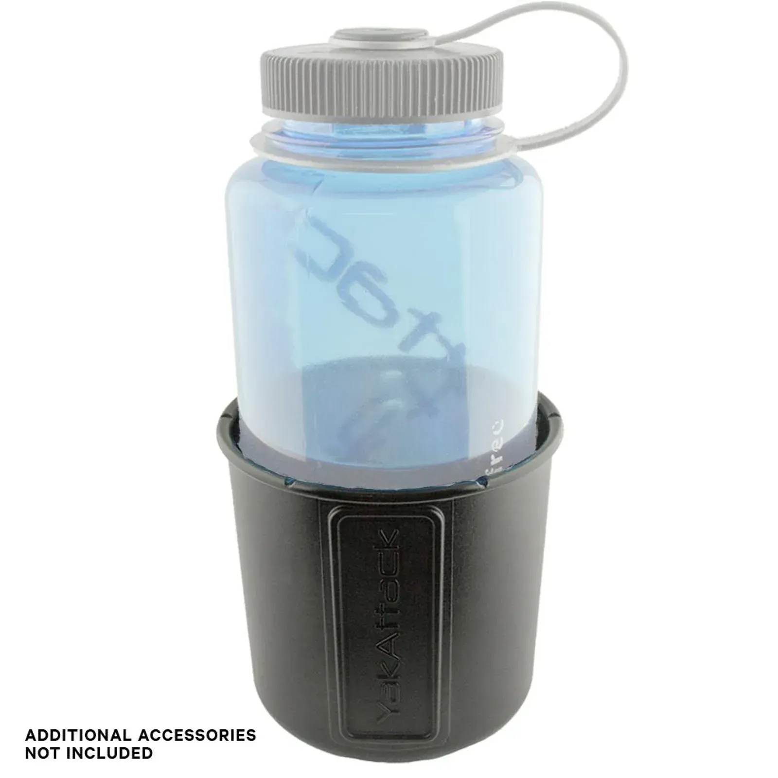 A blue water bottle is sitting in a black cup holder