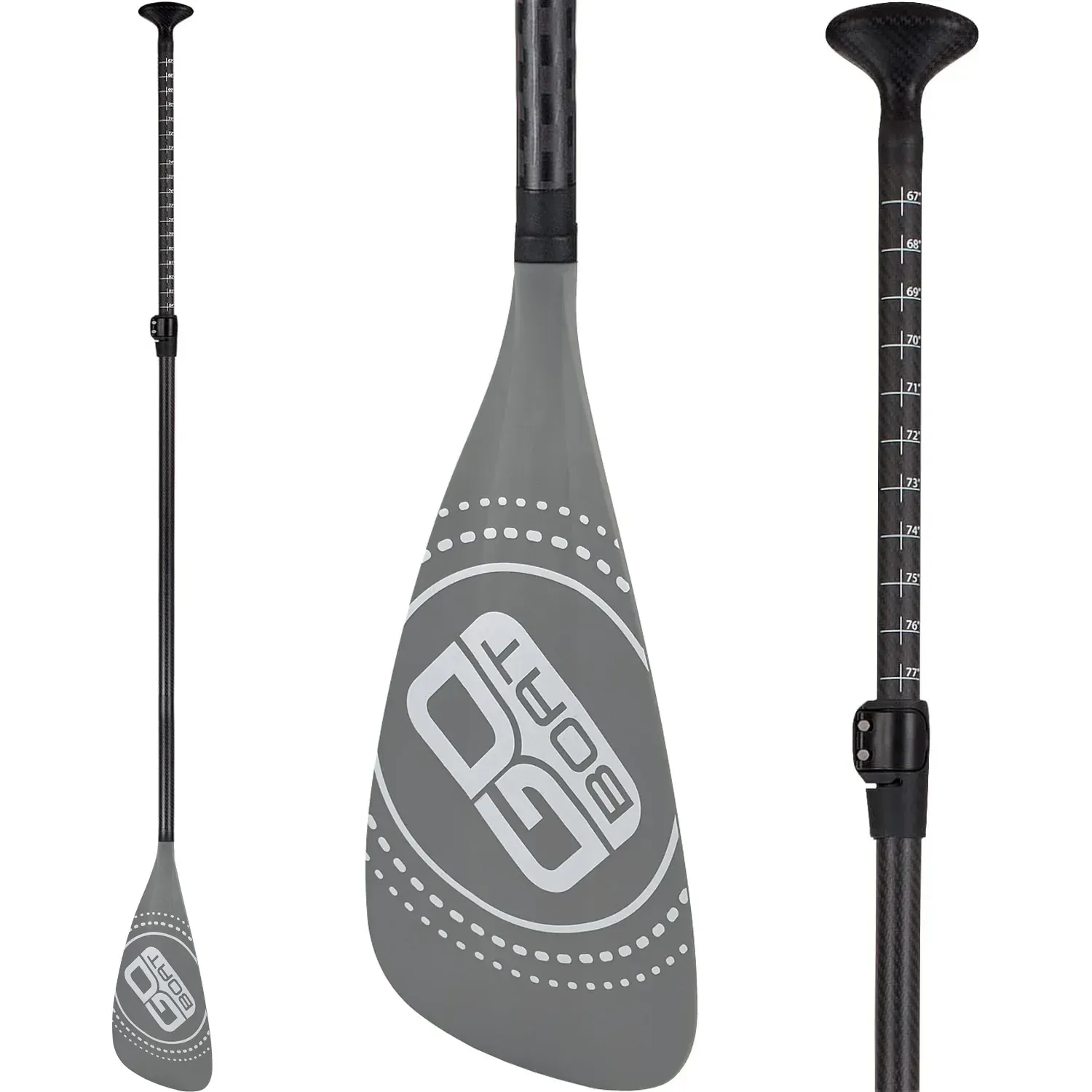 A paddle with a gray blade and a black handle on a white background.
