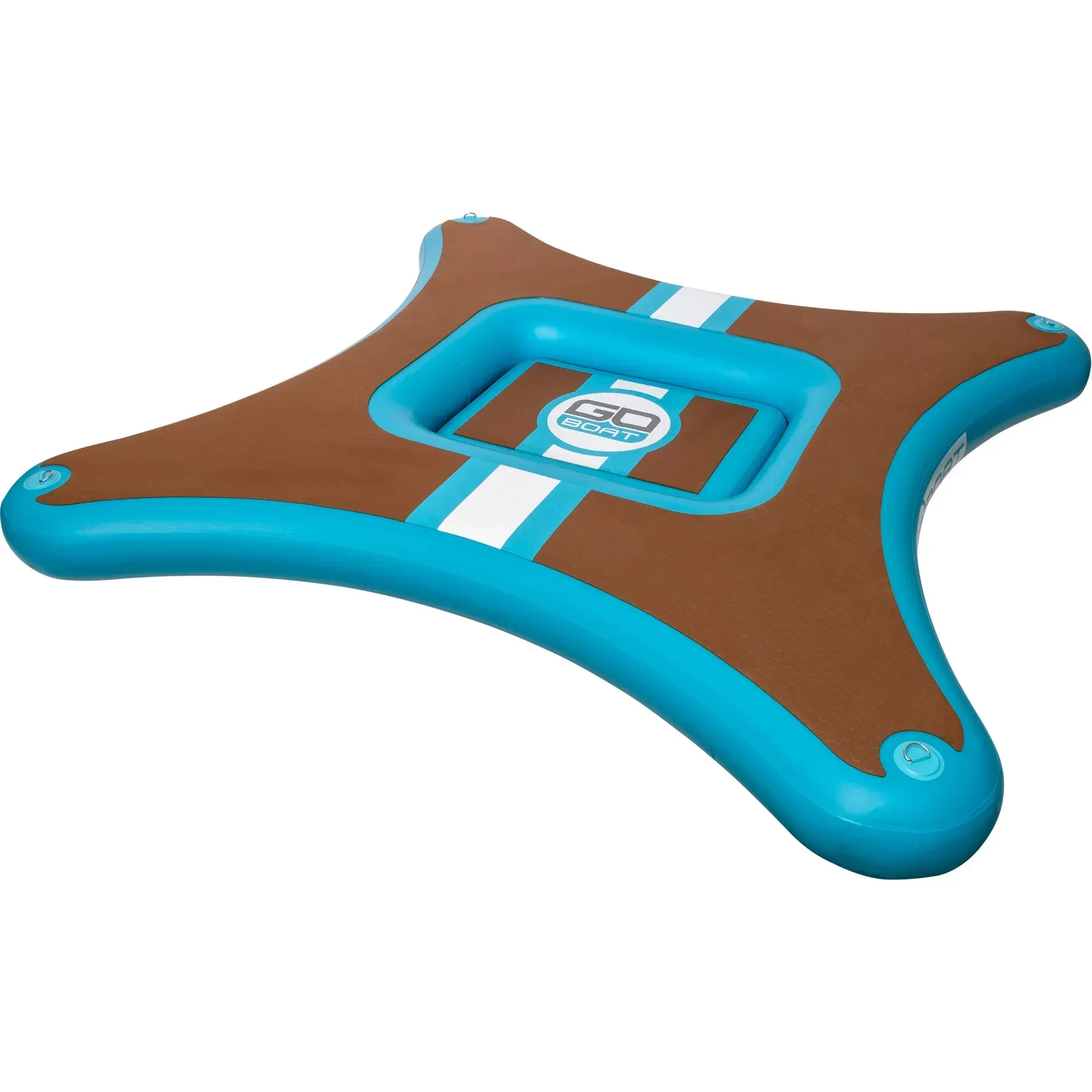 A blue and brown inflatable raft with a white stripe on the side