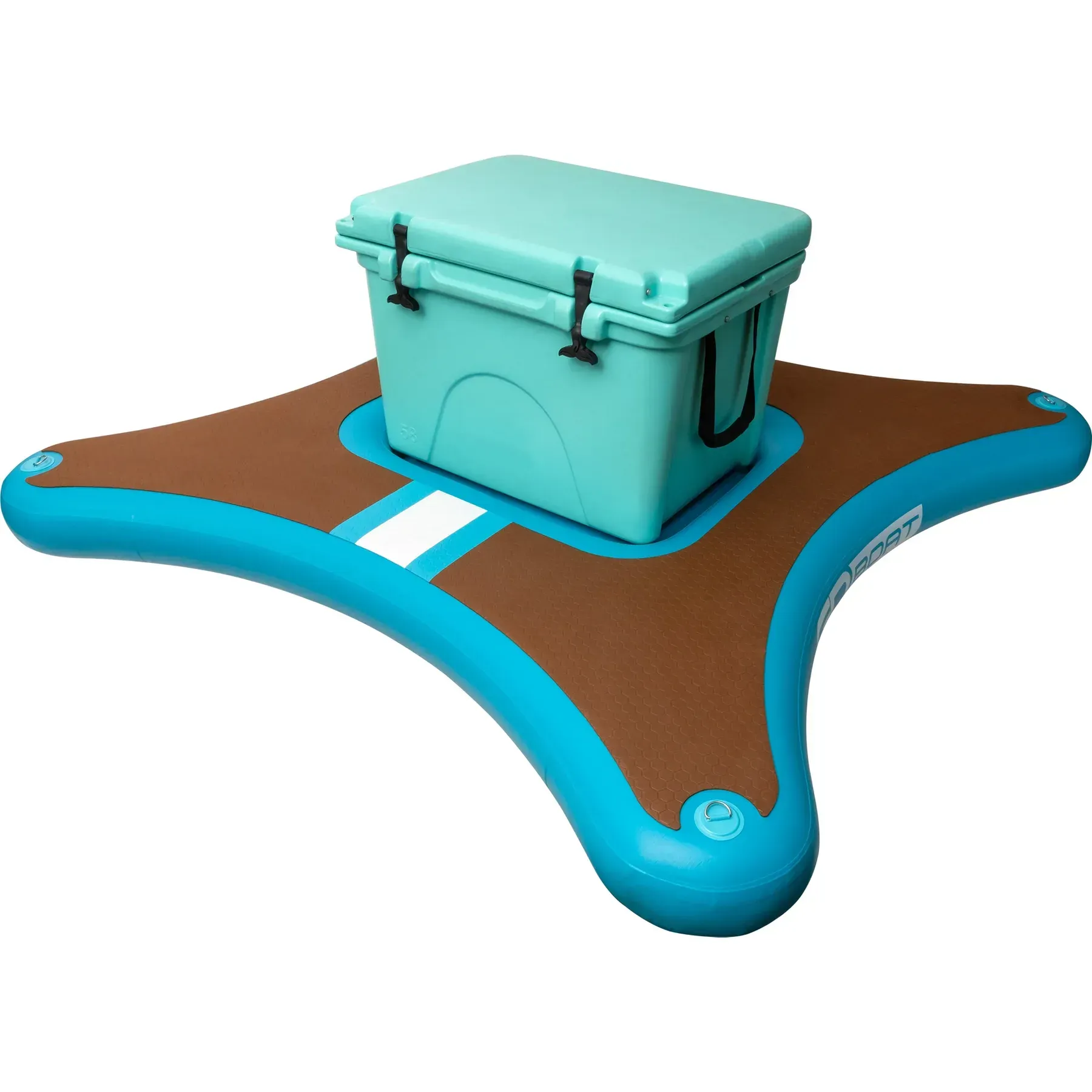 A blue and brown inflatable surfboard with a chair attached to it