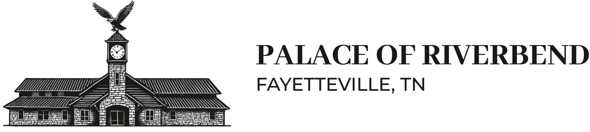 Logo for Palace of Riverbend in Fayetteville, Tennessee showing a line art drawing of their building with an eagle on top of it.