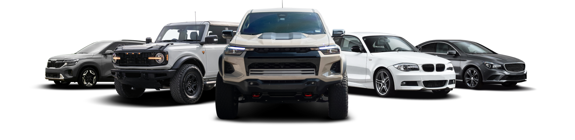 Five vehicles: SUV, Ford Bronco, truck, BMW, and sedan, in a row | Seth's Auto Care