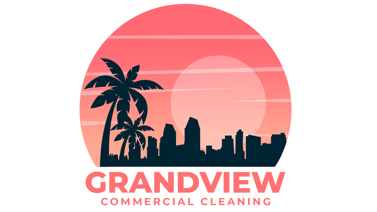 A logo for grandview commercial cleaning with a sunset and palm trees