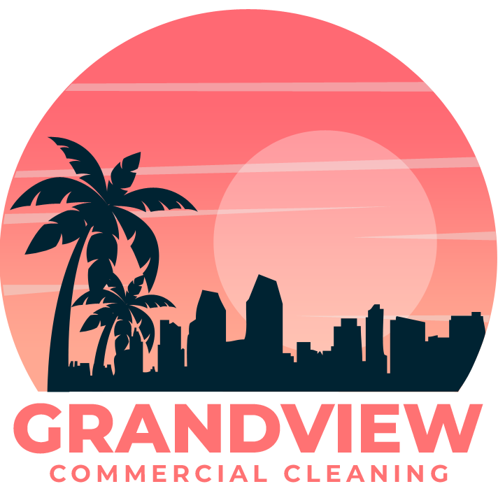 A logo for grandview commercial cleaning with a palm tree in the foreground