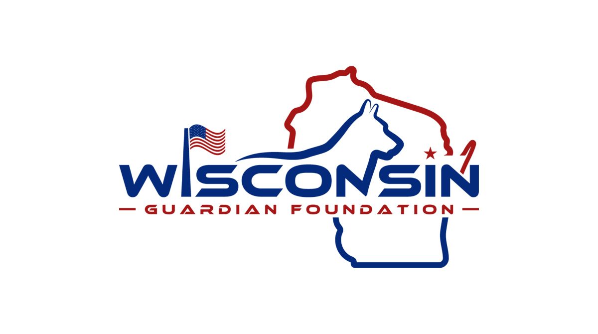 Logo for Wisconsin Guardian Foundation featuring the state outline with a dog silhouette and US flag. Text in blue and red.