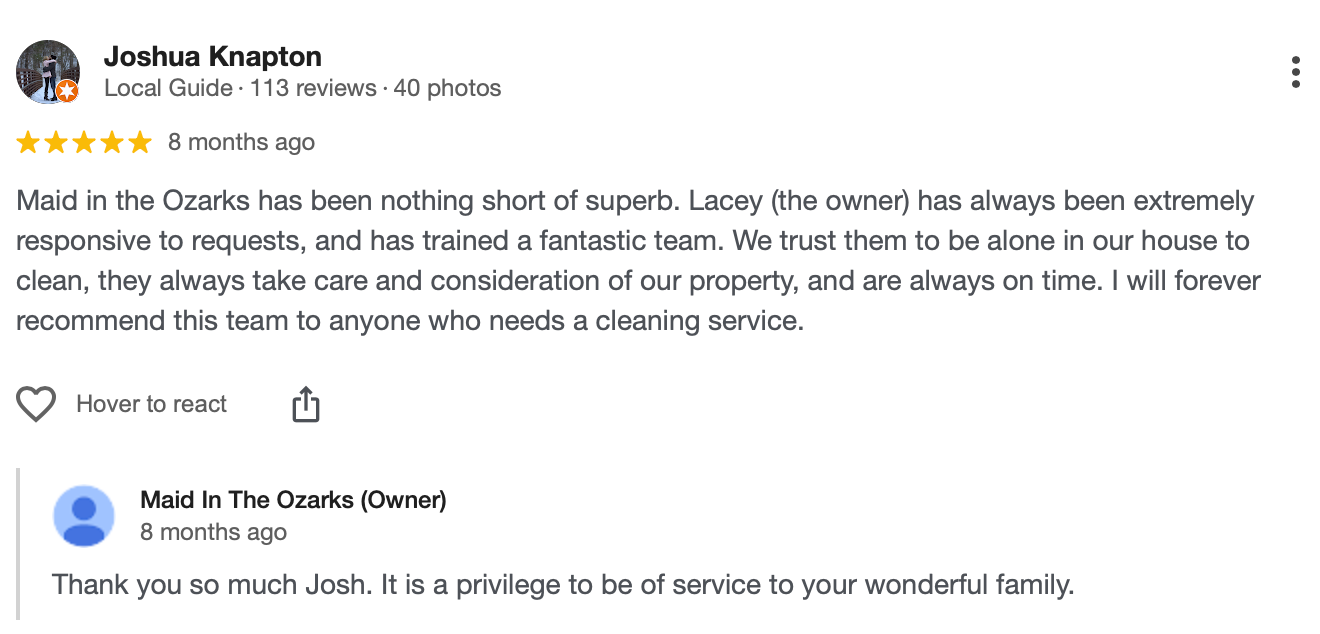 Customer review of Maid in the Ozarks by Joshua K. and a response from the owner.