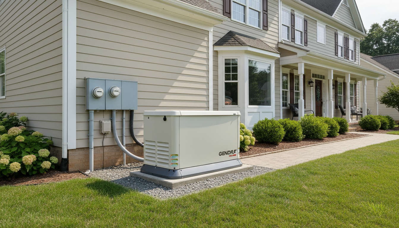 Generator installed next to a house with beige siding and a front porch.