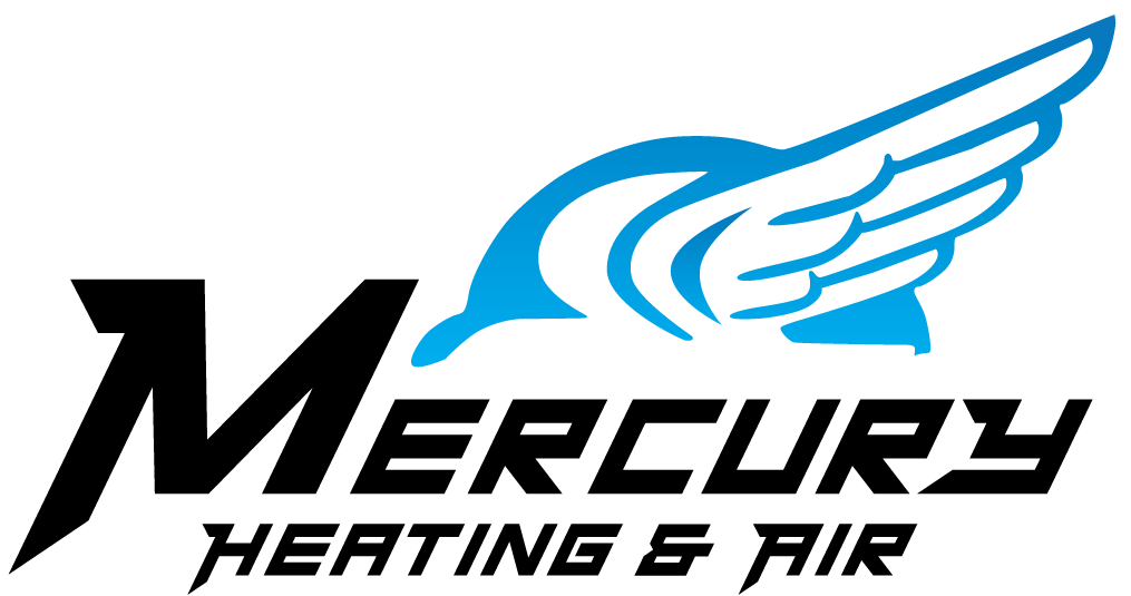 Mercury Heating & Air logo with black text and a blue wing graphic