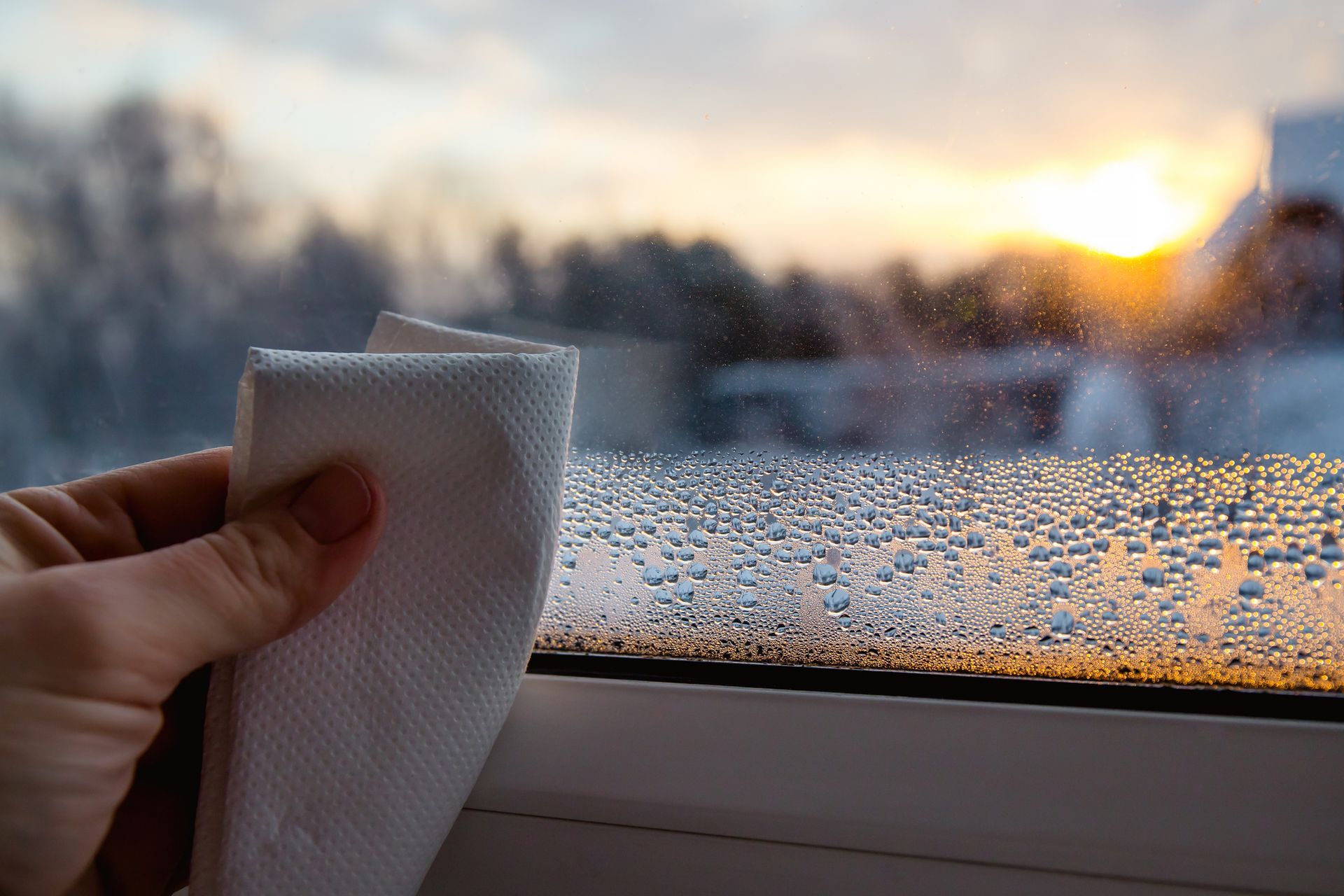 Concord California home interior in winter showing window condensation and balanced indoor humidity.