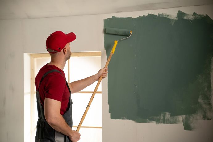 Person in red cap painting a wall green with a roller near a window.