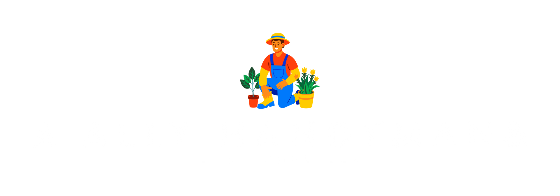 Small colorful cartoon figure on a white background, holding or surrounded by green leaves and plants.