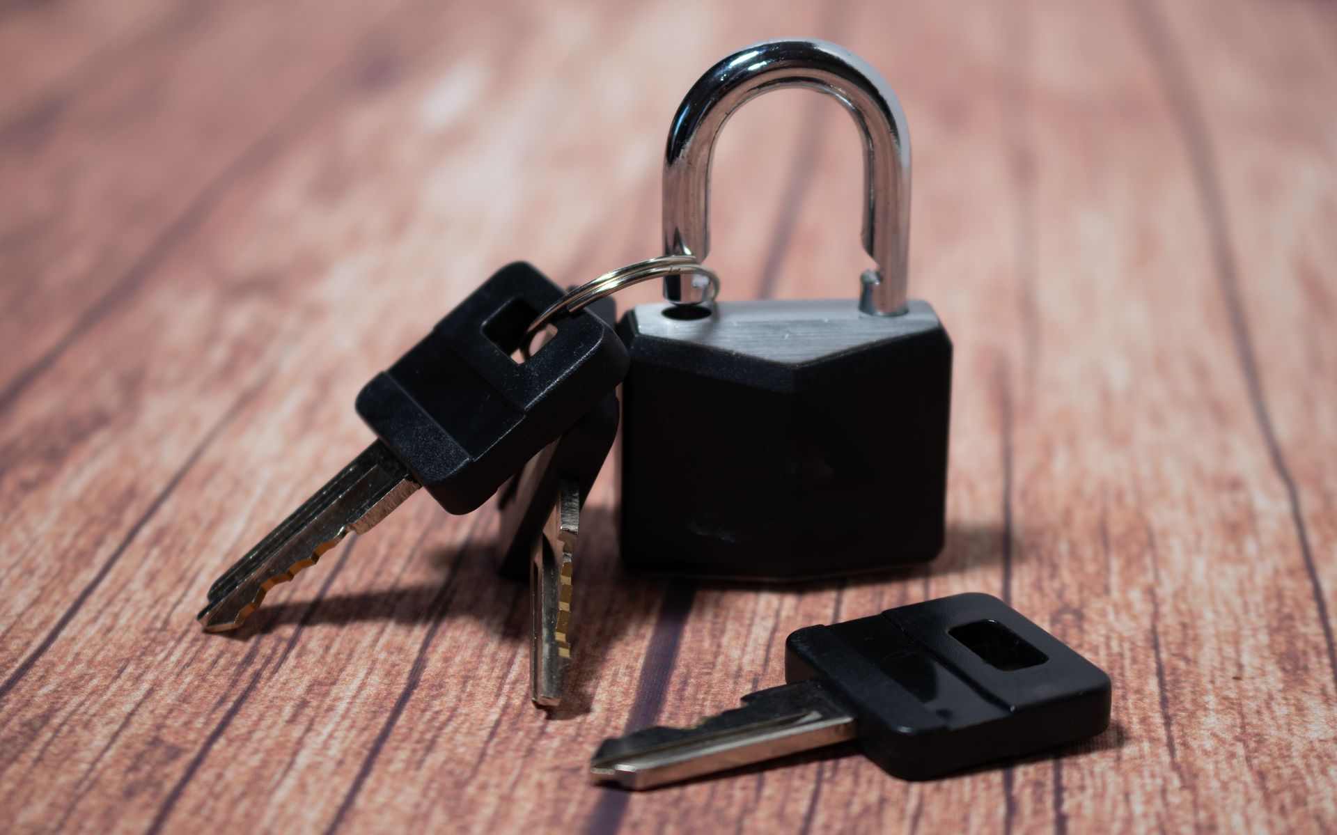 A padlock and keys on a wooden table