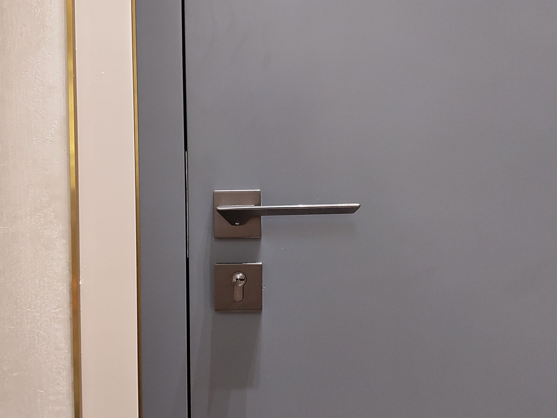 A close up of a door handle on a gray door.
