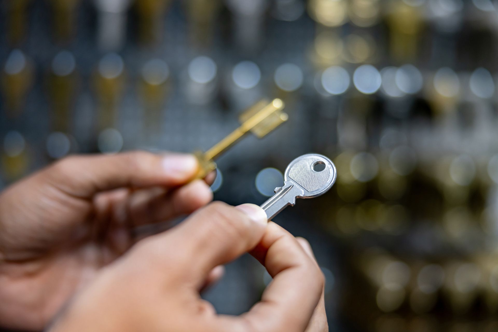 A person is holding two keys in their hands.