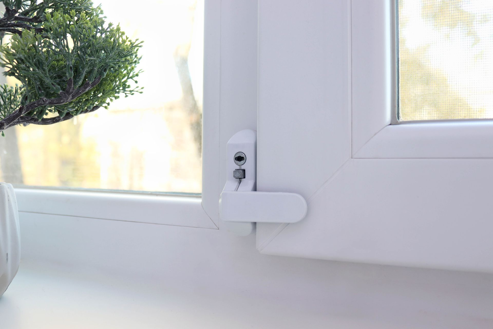 A plant is sitting on a window sill next to a window with a lock on it.