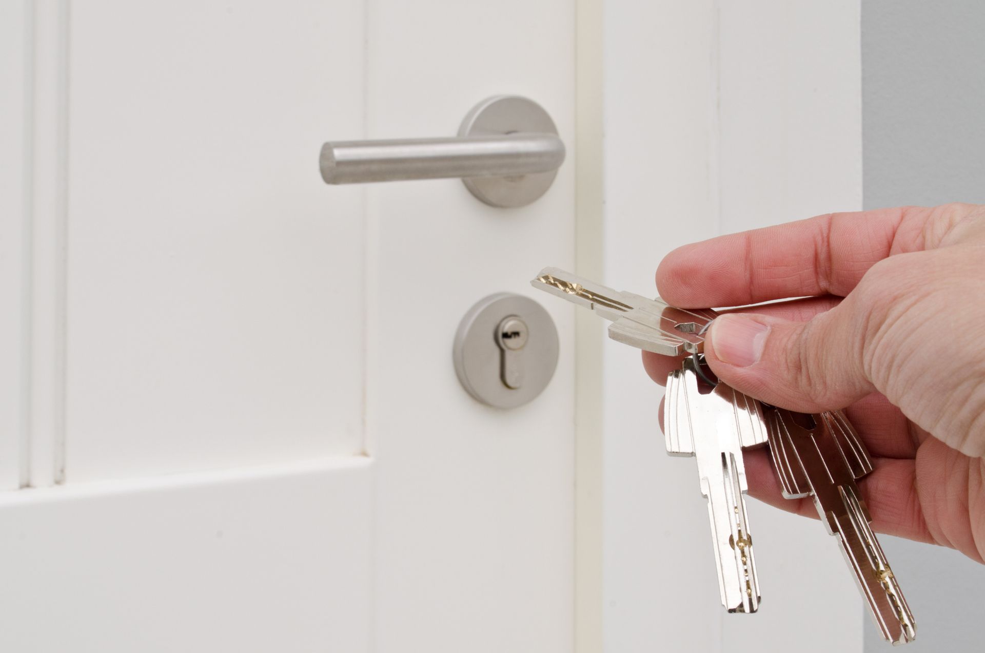 A person is holding a bunch of keys in front of a door.