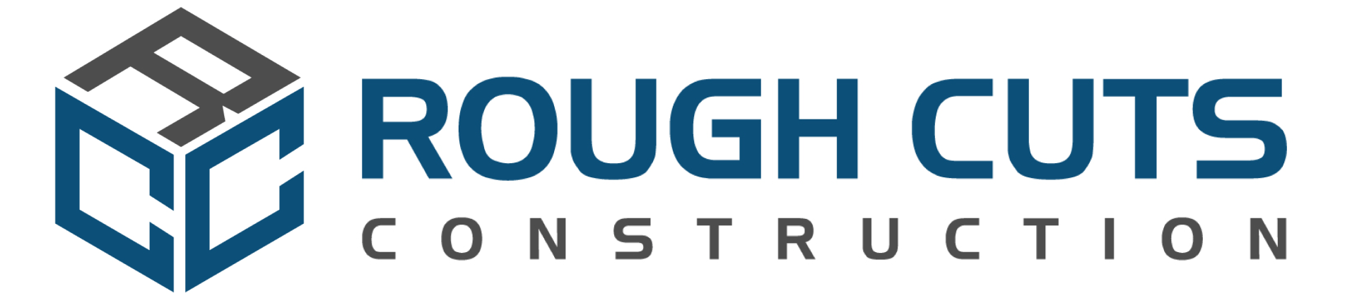 A logo for rough cuts construction with a blue cube on a white background.