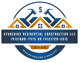 Logo for Sturchios Residential Construction LLC with blue and gold house and hammer icons, phone 