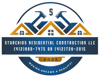 Logo for Sturchios Residential Construction LLC with blue and gold house and hammer icons, phone