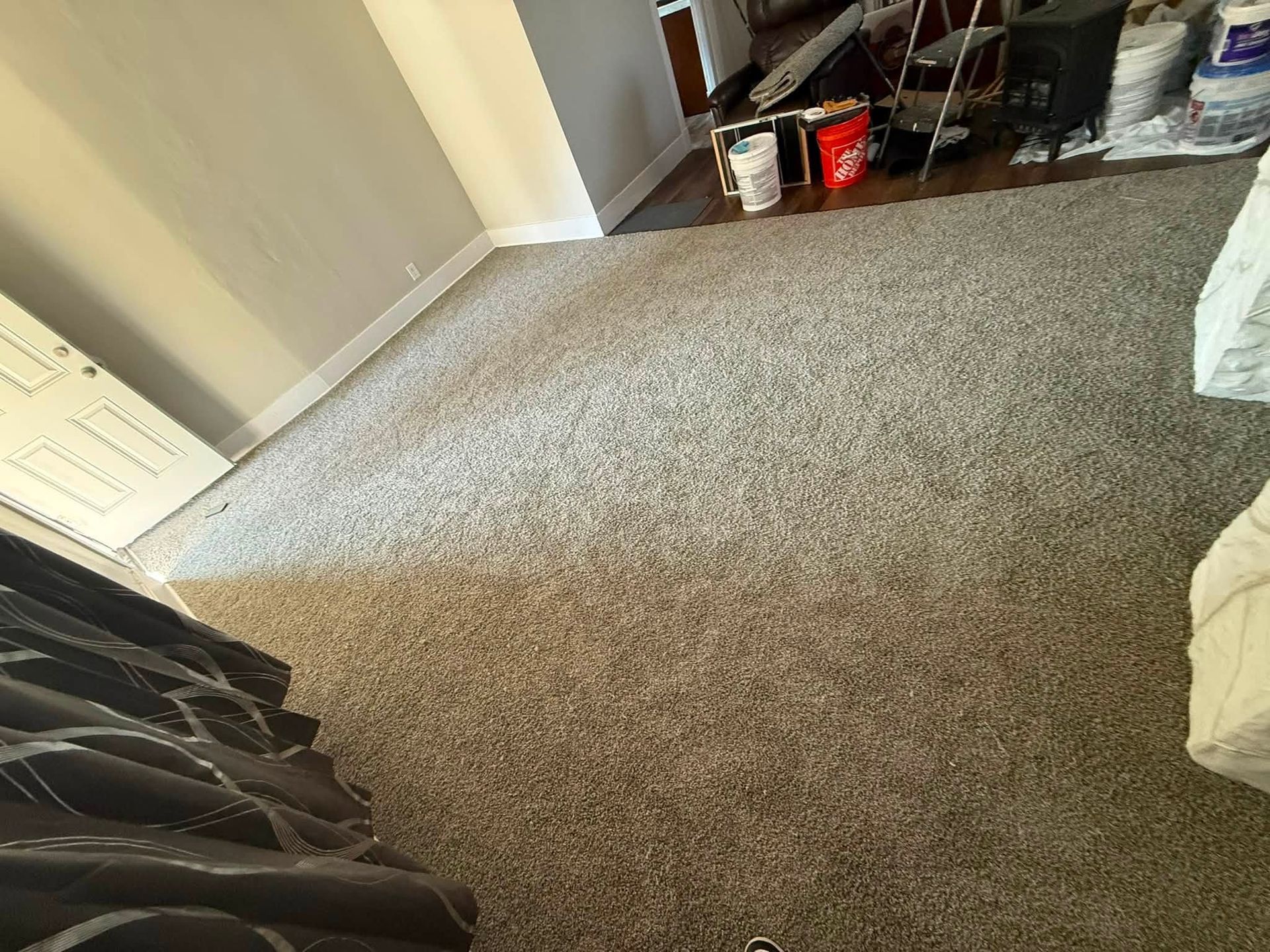Small bedroom with beige carpet, closet door, and shelves with items in the corner.