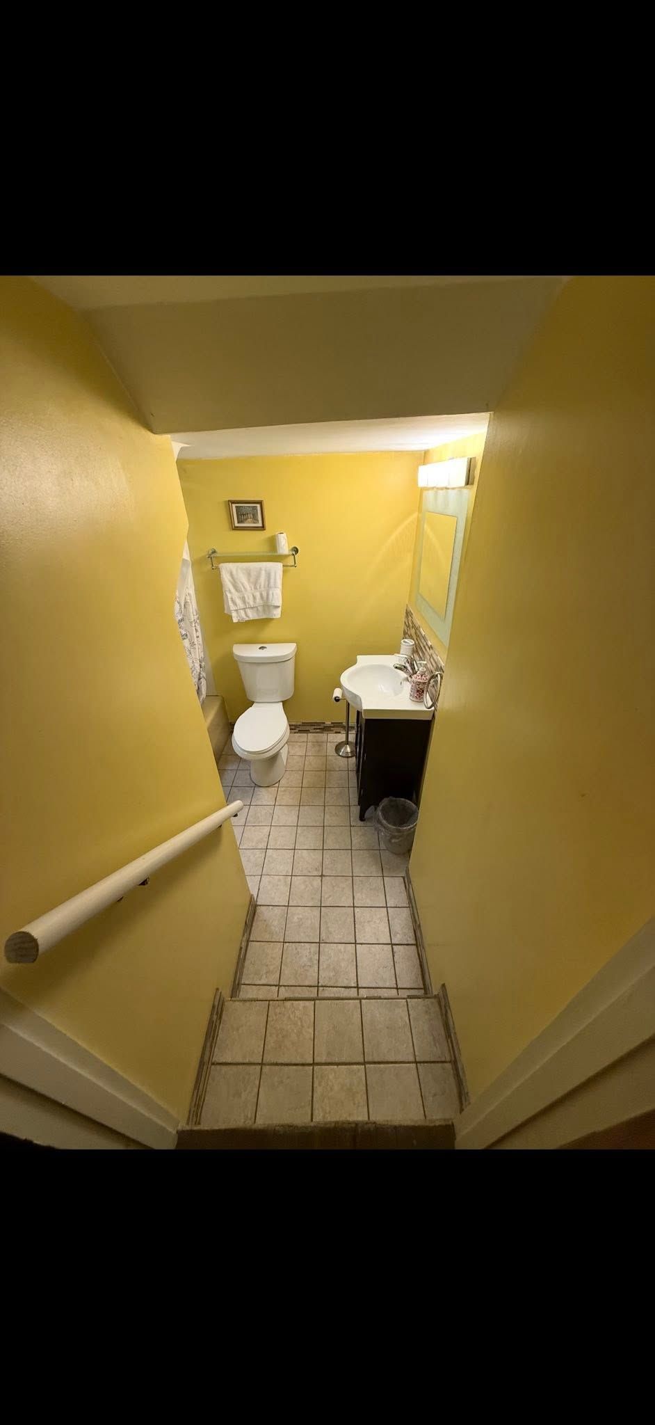 Narrow yellow hallway leading to a small bathroom with a toilet and sink.