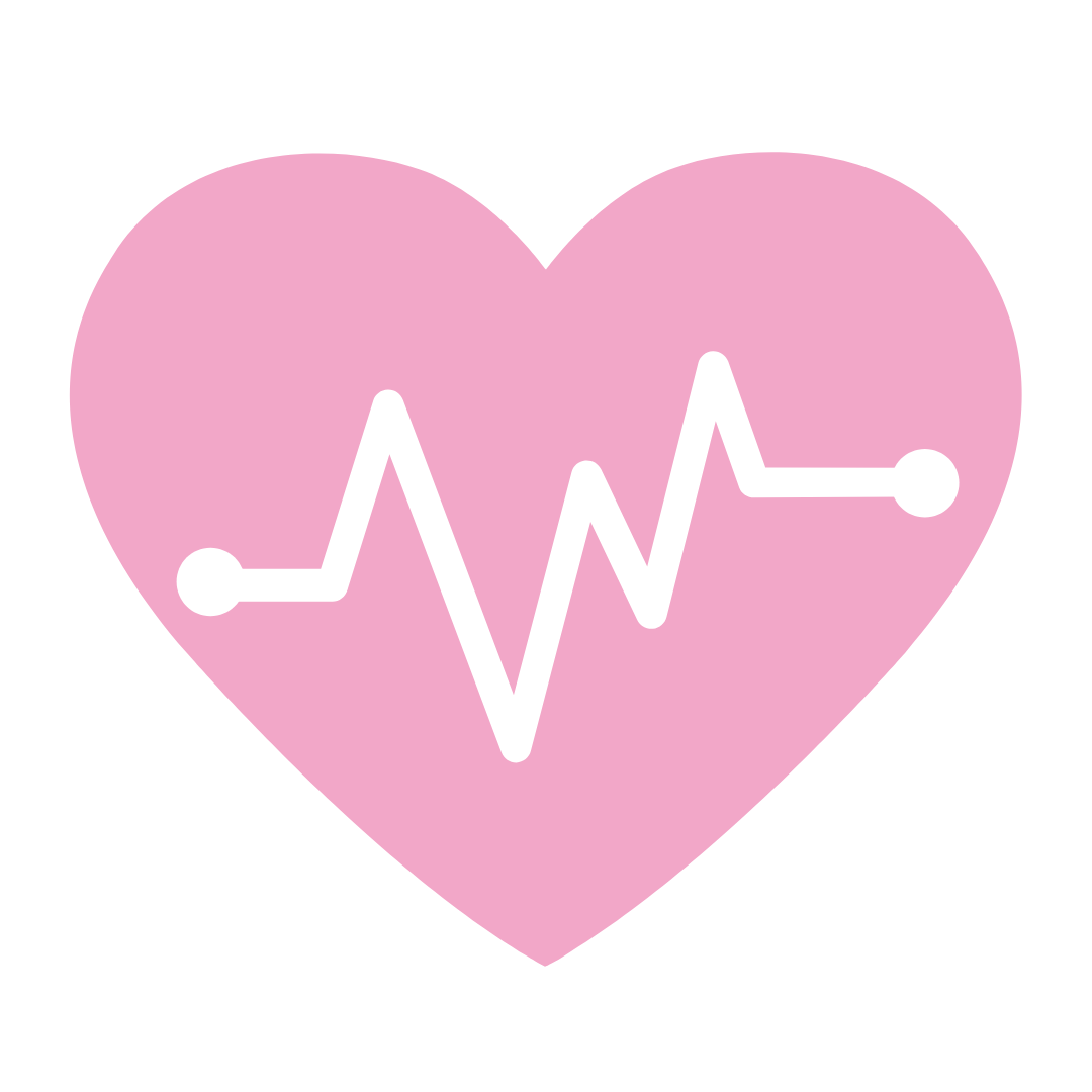 A pink heart with a white heartbeat line inside of it.
