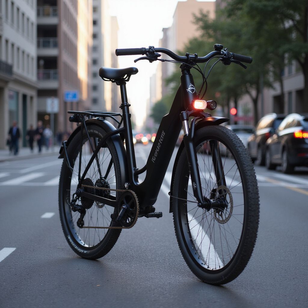 Black electric bicycle on city street, with cars and buildings in the background.