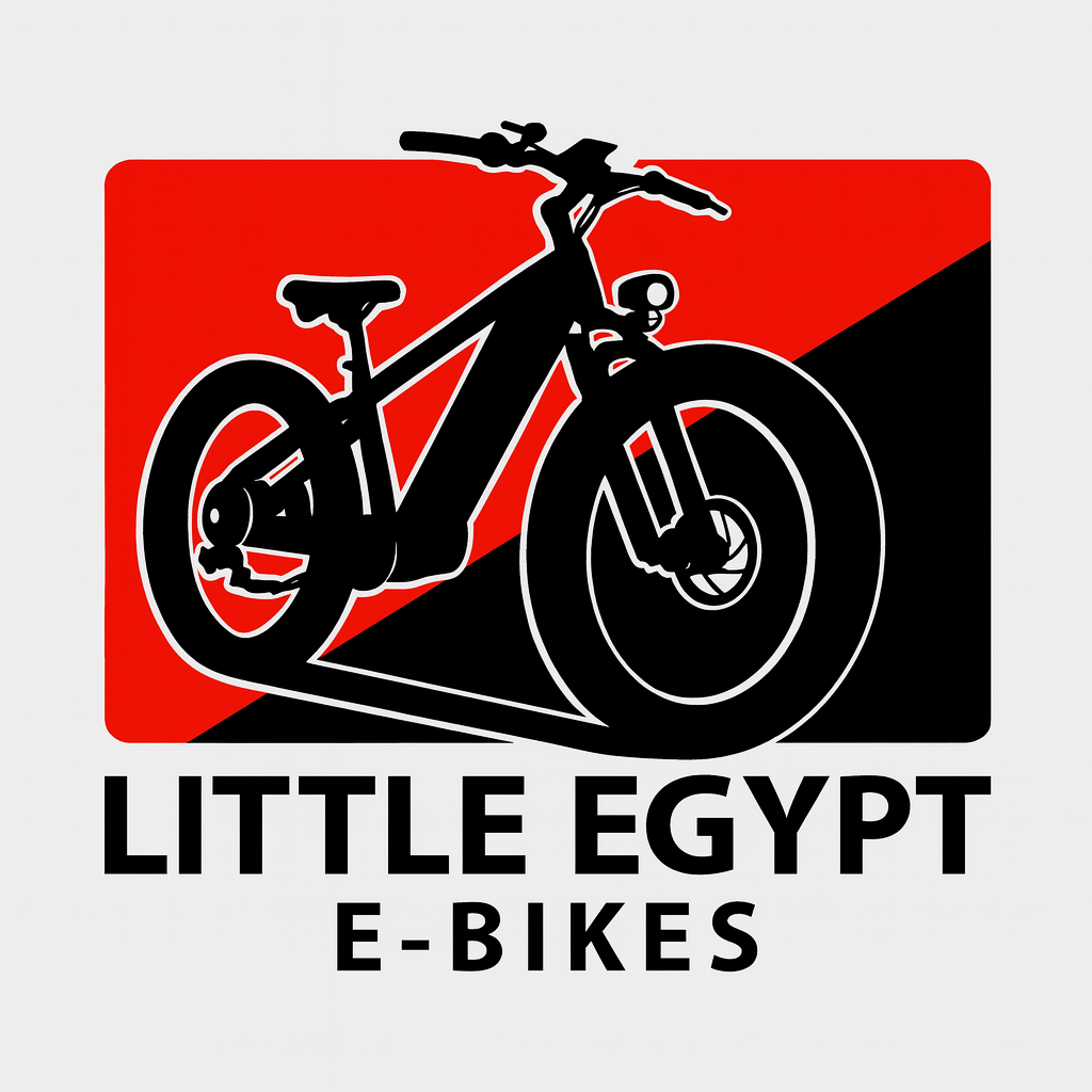 Logo of an e-bike, black silhouette on red/black rectangle, text 