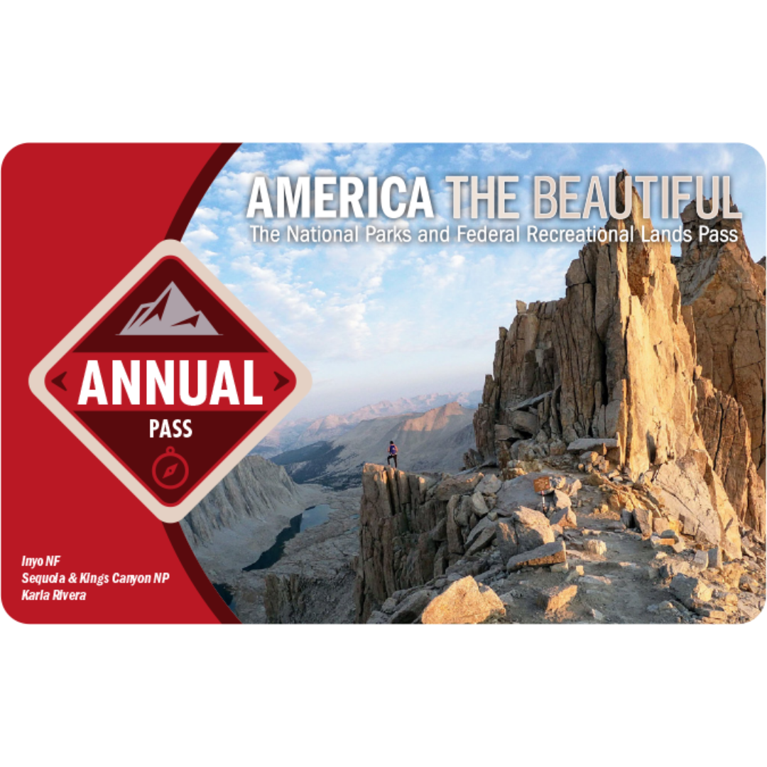 America the Beautiful annual pass featuring a mountain landscape, the pass text in red and white.