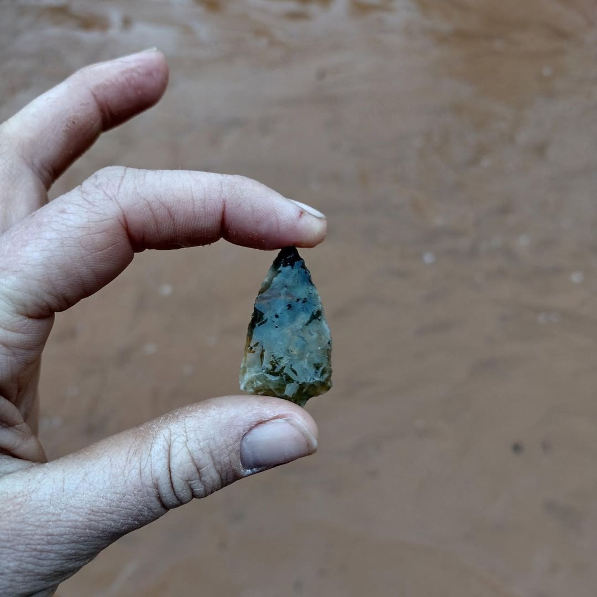Hand holding a small, triangular, dark-colored arrowhead with a brown background.