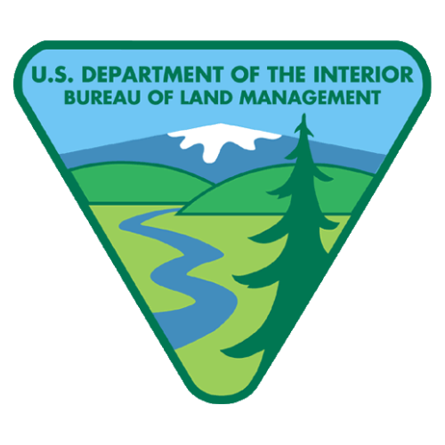 U.S. Bureau of Land Management logo: a green triangle with a stylized landscape featuring a mountain, river, and tree.