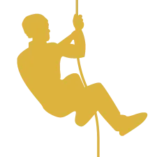 Silhouette of a person climbing a rope, wearing casual clothing, gold against white background.