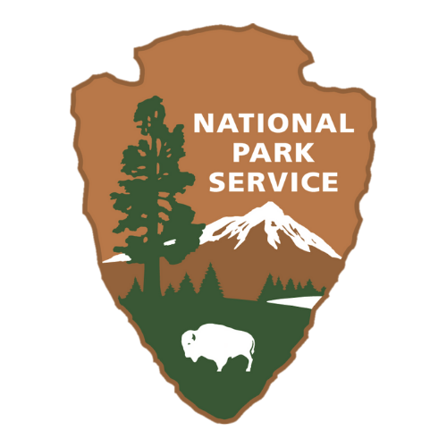 National Park Service logo: a brown arrowhead shape with a tree, mountain, and bison.