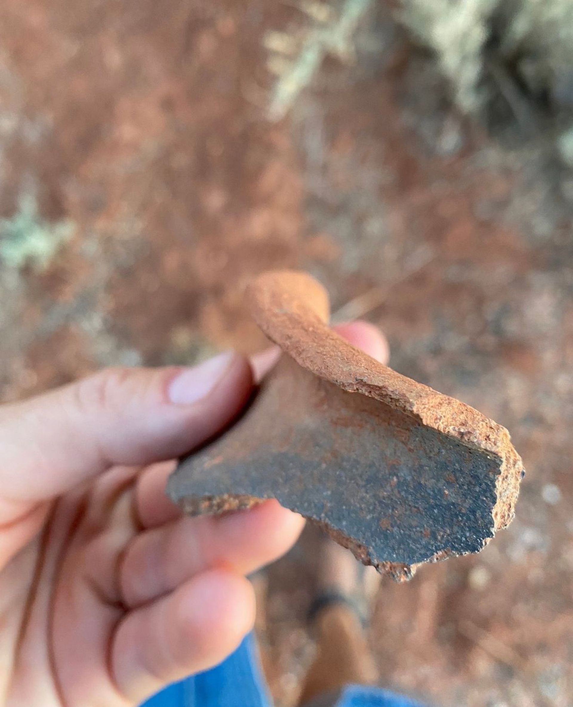 Hand holding a fragment of brown pottery with a black interior, in a red dirt setting.