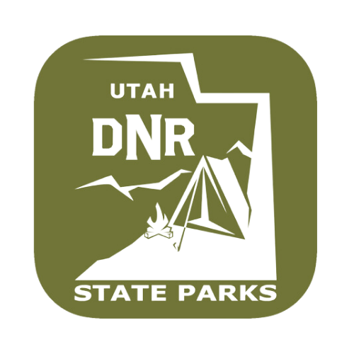 Utah DNR State Parks logo: white text and graphics on a rounded olive-green background.