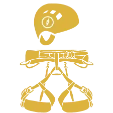 Gold silhouette of a climbing helmet and harness, gear for outdoor adventure and safety.