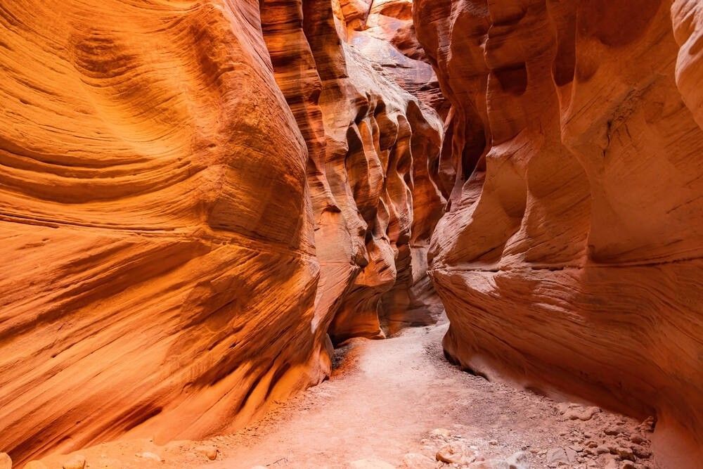 Narrow sandstone canyon with orange and tan walls, light ground, and a path leading into the distance.