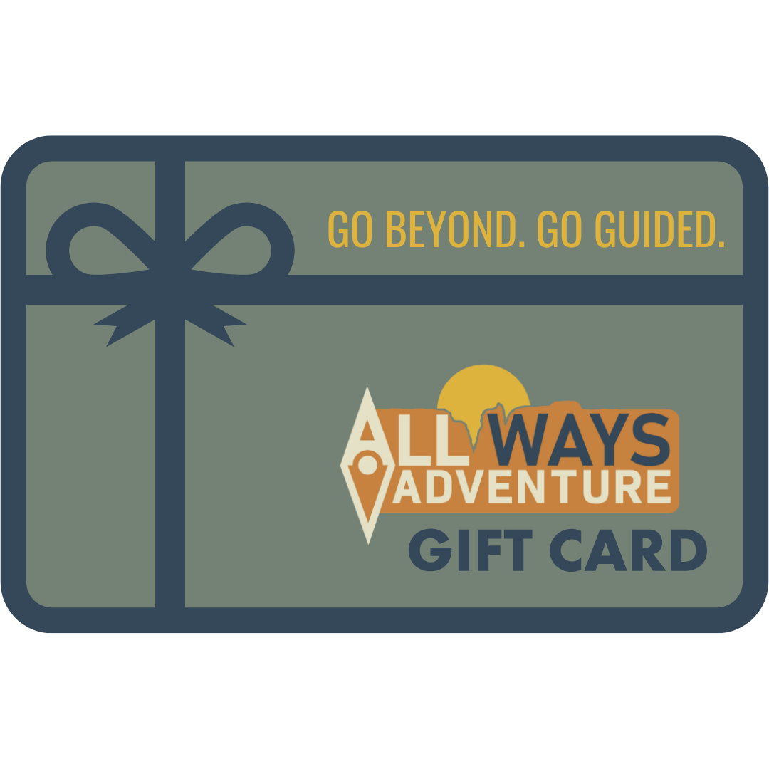 Gift card for All Ways Adventure; dark green background, with a bow graphic and logo. 