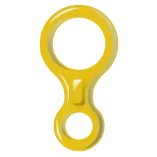 Yellow figure-eight descender used for rappelling, with two circular openings.