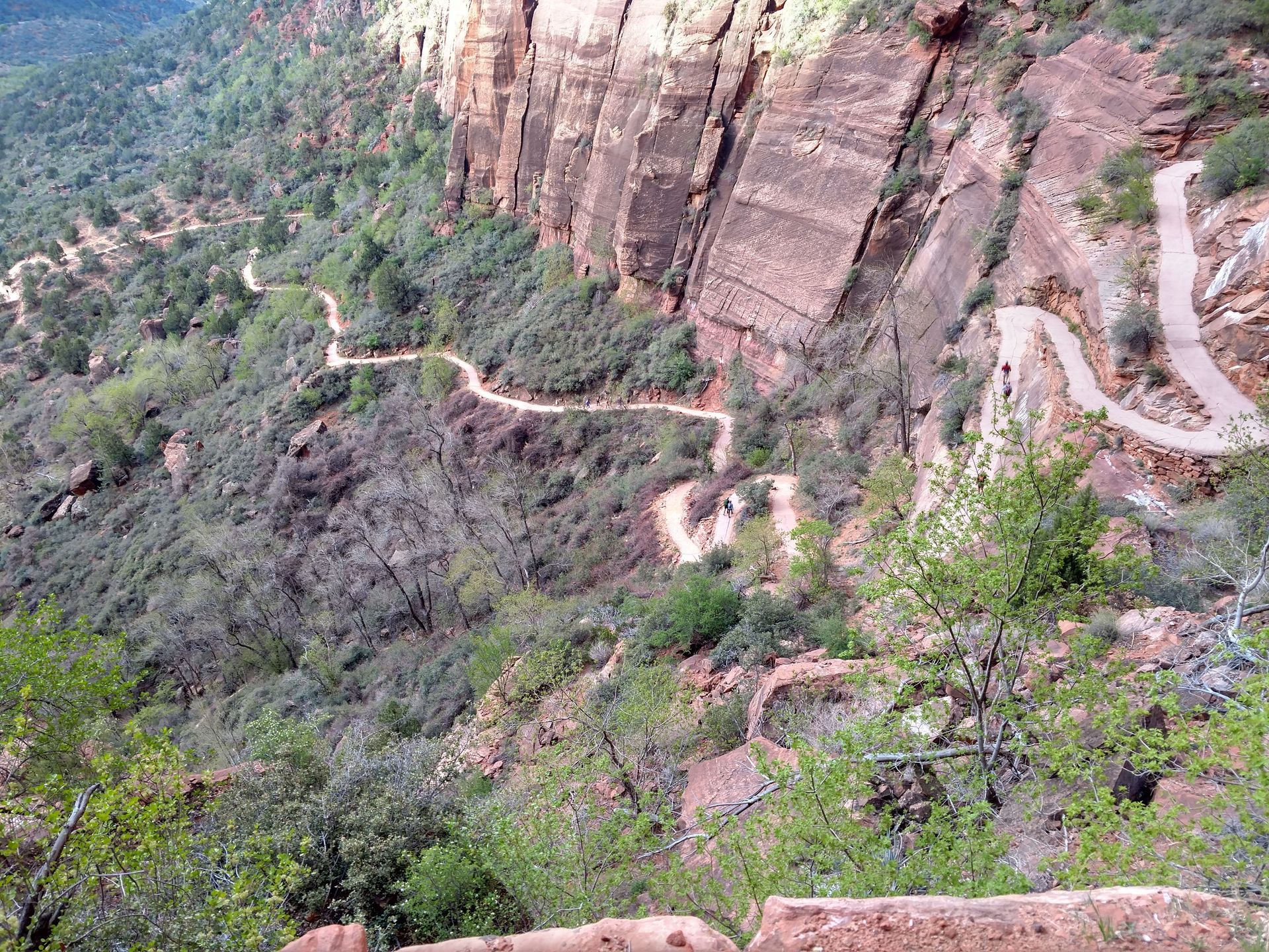 Winding switchback trail carved into the side of a canyon, with hikers visible.