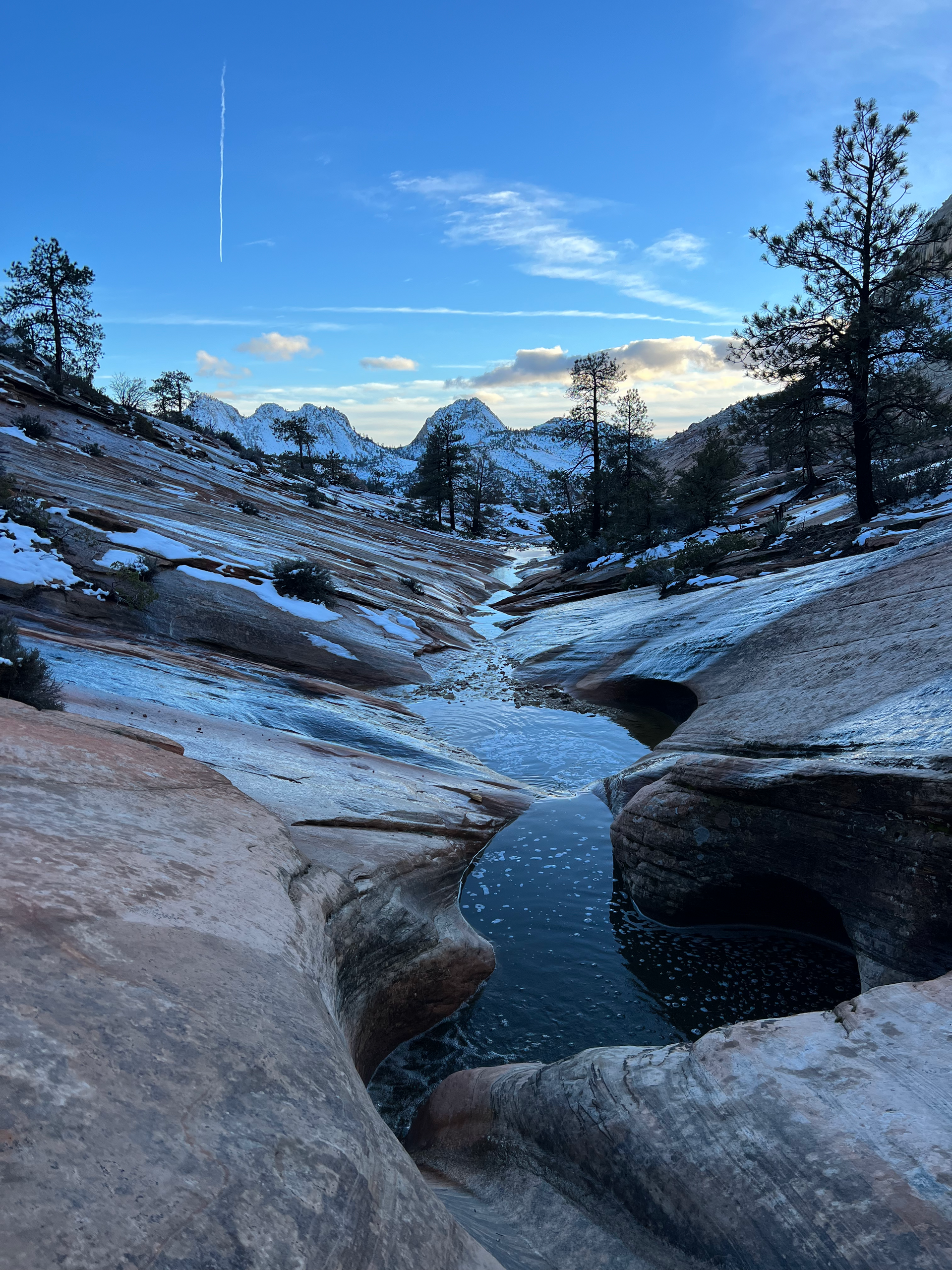 Snowy canyon landscape with water and trees under a blue sky.