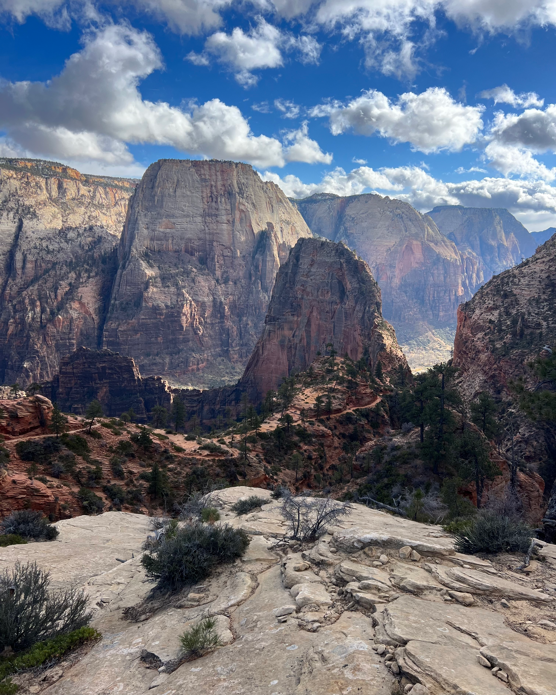 Mountain vista: rock formations under a blue sky with clouds; dry vegetation in the foreground.
