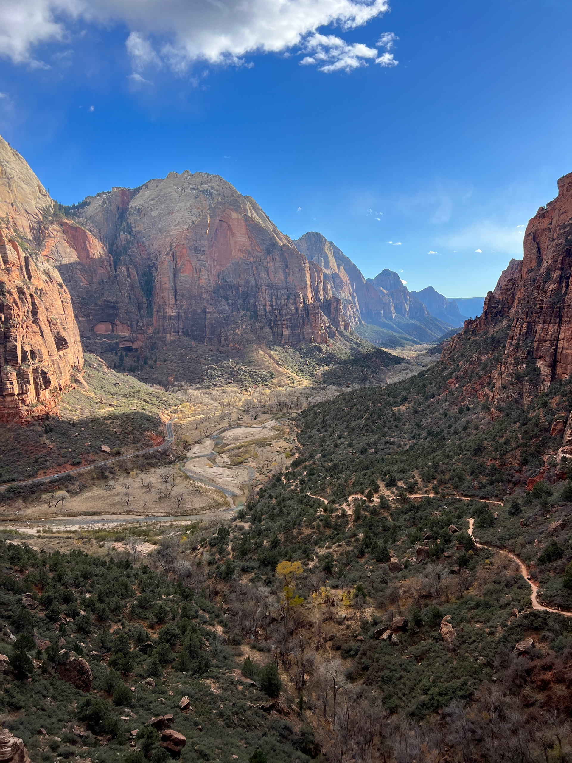 Vast canyon with red rock formations, lush green vegetation, and a winding trail under a bright blue sky.