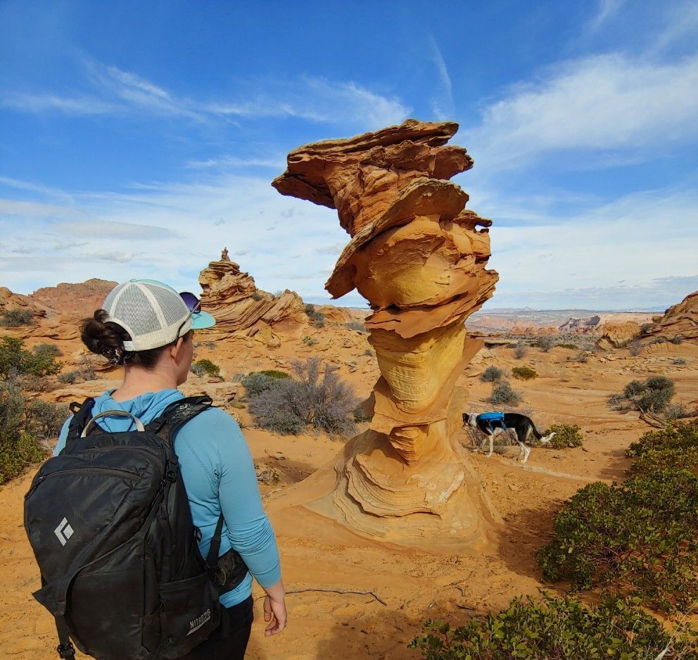 Woman with backpack hikes towards unique rock formation in desert landscape, dog nearby. Blue sky, sand, and tan rock.