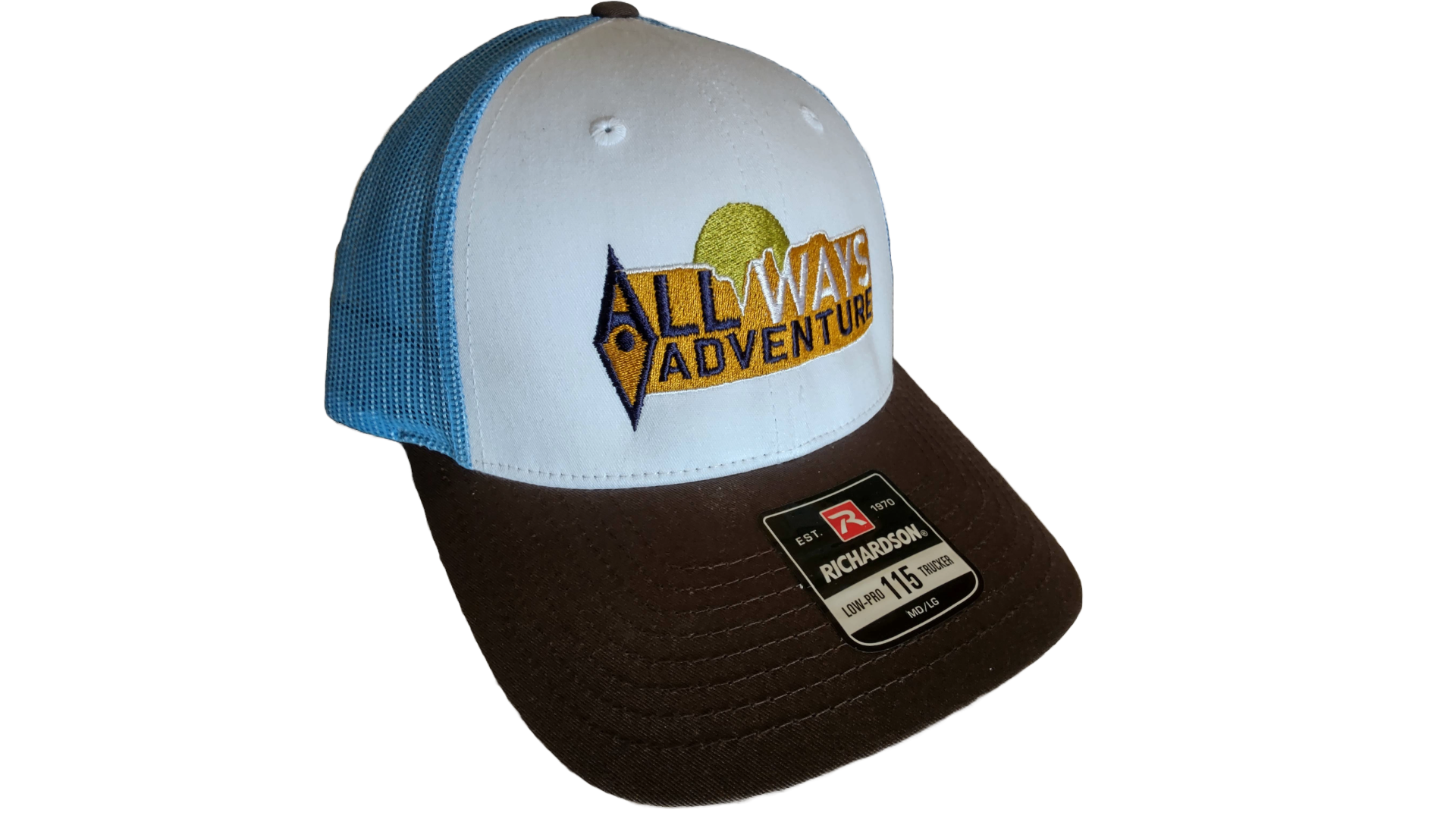 A baseball cap with a white front panel, blue mesh sides, and a brown brim featuring the "ALL WAY ADVENTURE" logo.